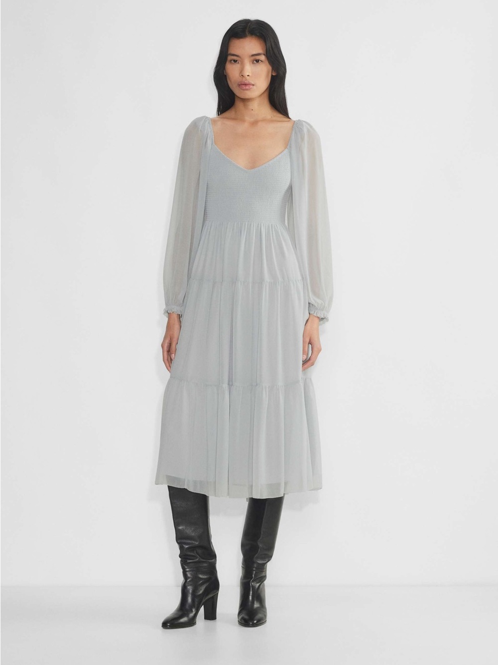 Aritzia Sheer Sleeve Tiered Midi Dress in Light Gray